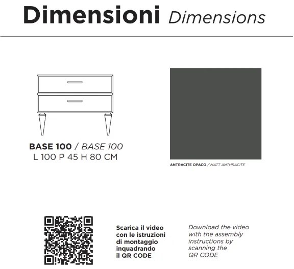 Mobile bagno moderno 100 cm - Antracite Opaco - 2 cassetti - Lavabo - CLEIDE