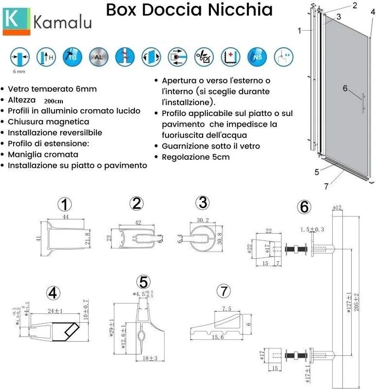 Porta doccia battente 75 cm telaio nero vetro fumé altezza 200h | KS2800NF - KAMALU