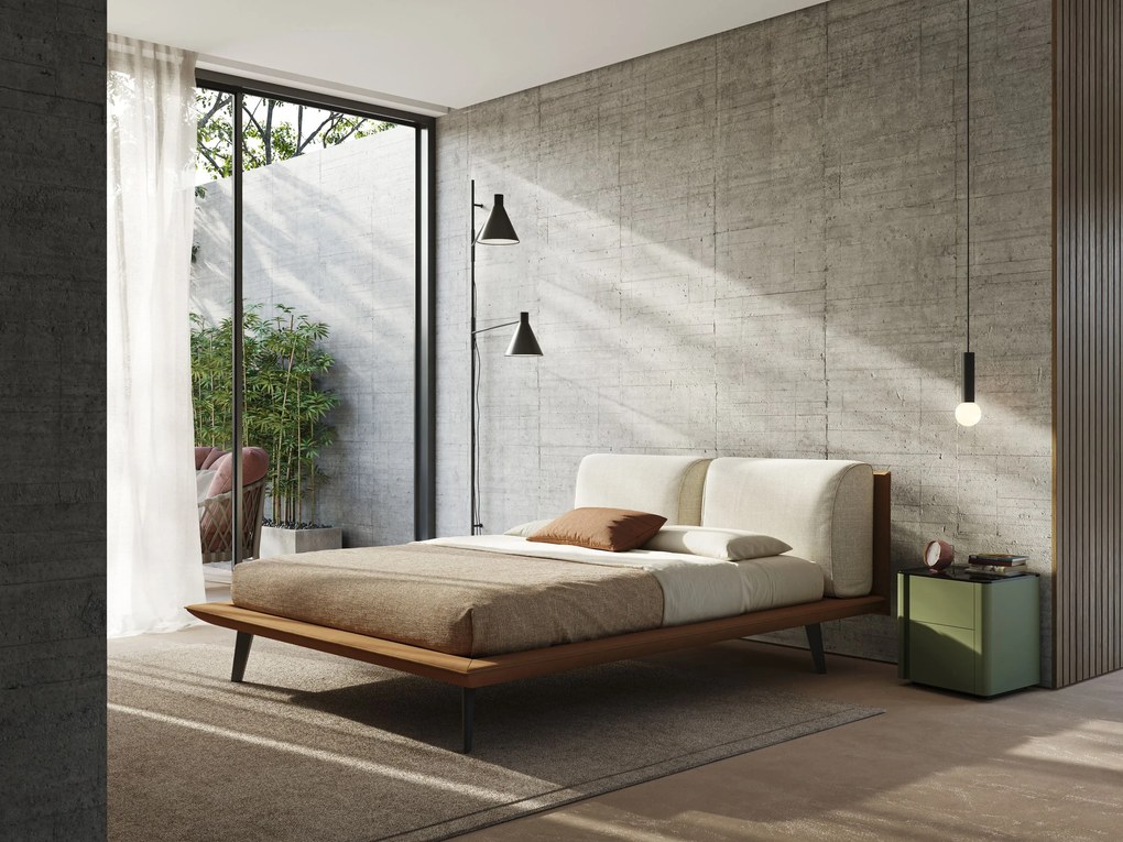 Petra letto di design bicolore con cuscini in piuma, piedini in mogano e tessuto impermeabile