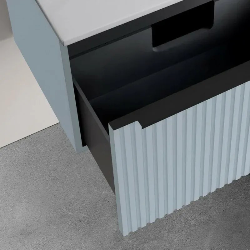 Mobile bagno sospeso 80 cm azzurro polvere cannettato con cassetto, specchio e lavabo Nara