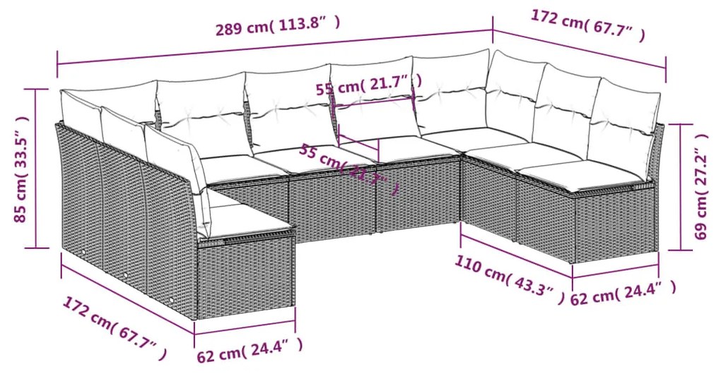 Set divano da giardino 9pz con cuscini grigio chiaro polyrattan