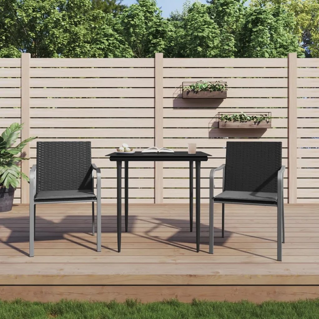 Set pranzo da giardino 3pz con cuscini in polyrattan e acciaio