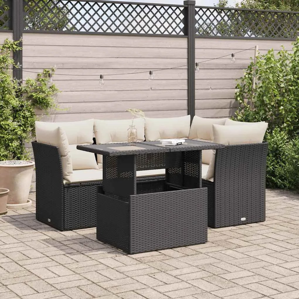 Set divani da giardino 5 pz con cuscini in polyrattan nero