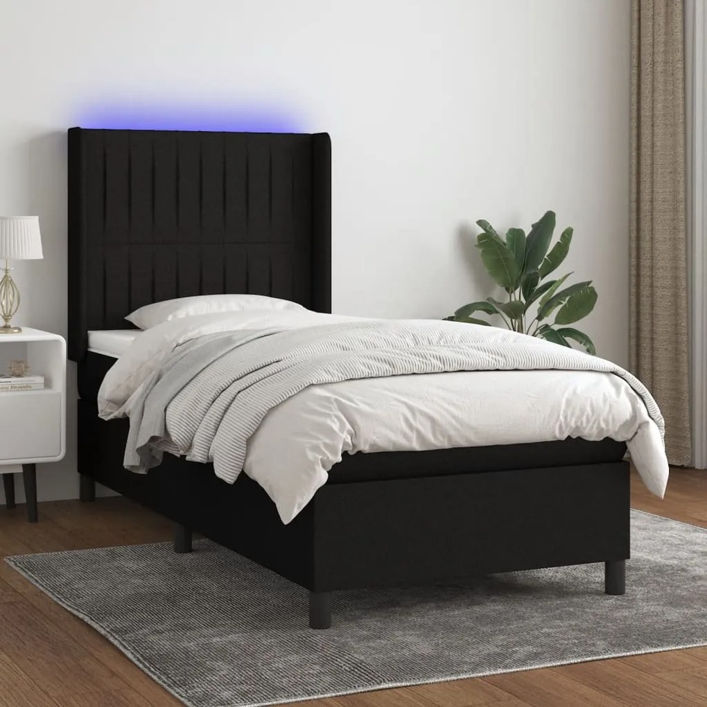Letto A Molle Con Materasso E Led Nero 90x190 Cm İn Tessuto /