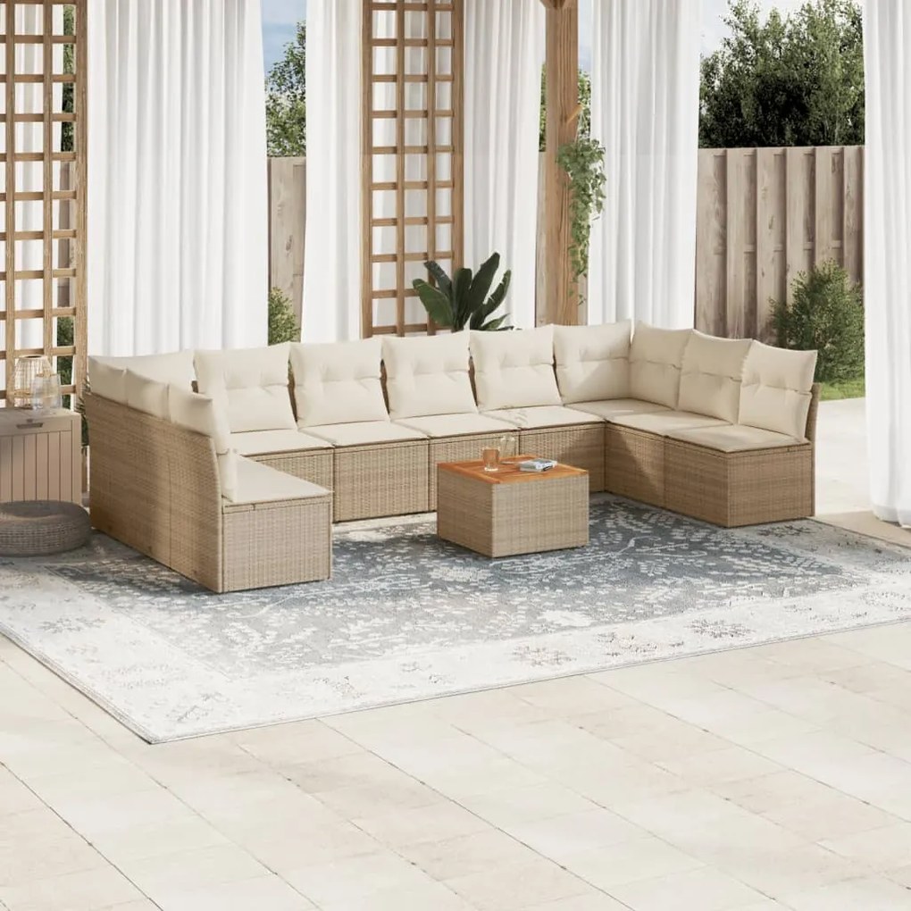 Set Divani da Giardino 11 pz con Cuscini Beige in Polyrattan