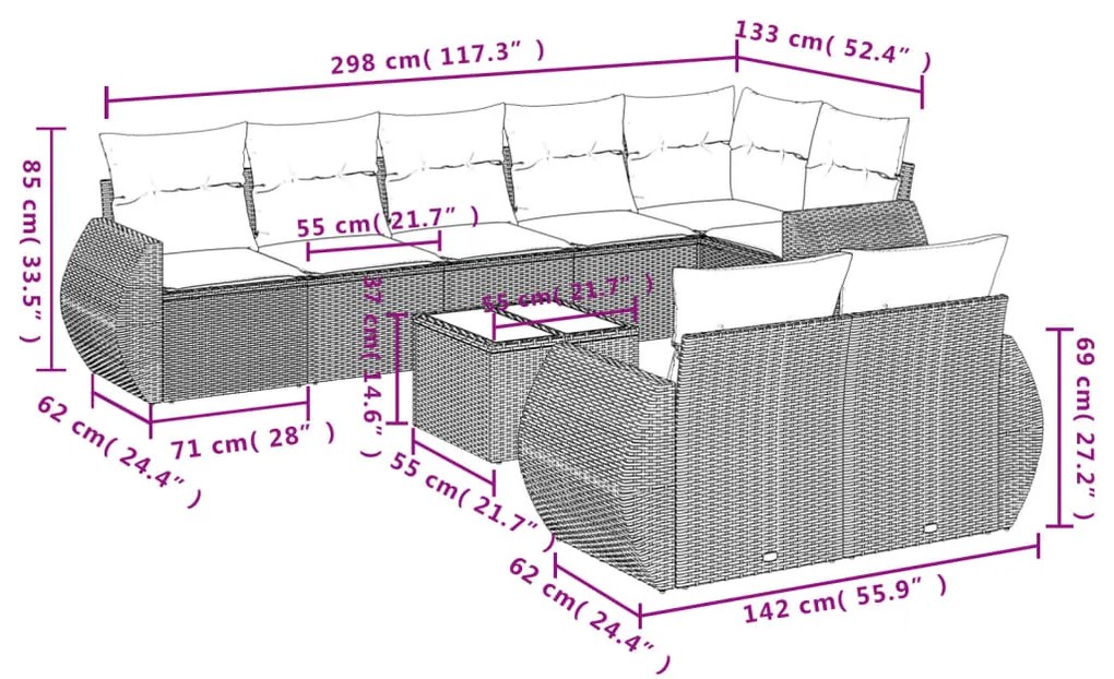 Set Divano da Giardino 9 pz con Cuscini Grigio in Polyrattan