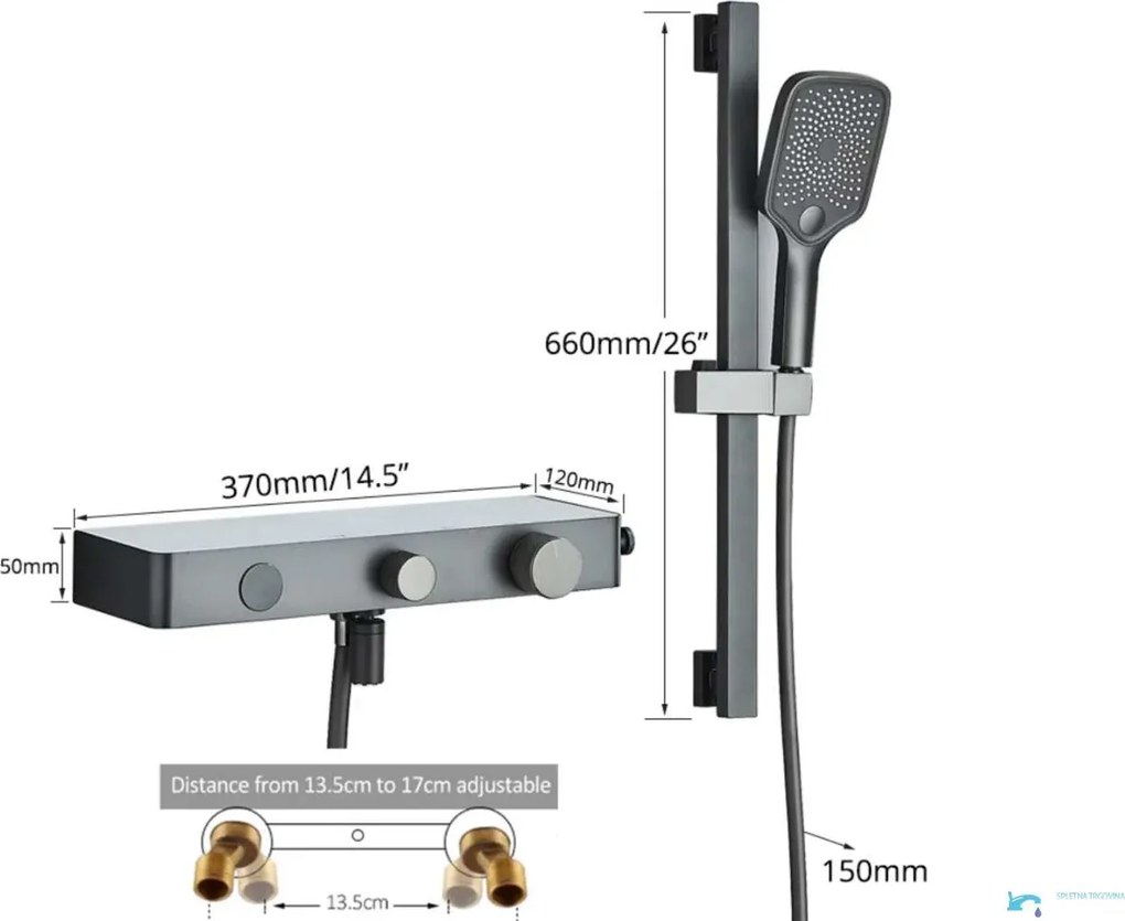 Miscelatore termostatico da parete per vasca ELITE EDITION BBT1429 con display LED, bocca girevole e doccetta multigetto, grigio grafite