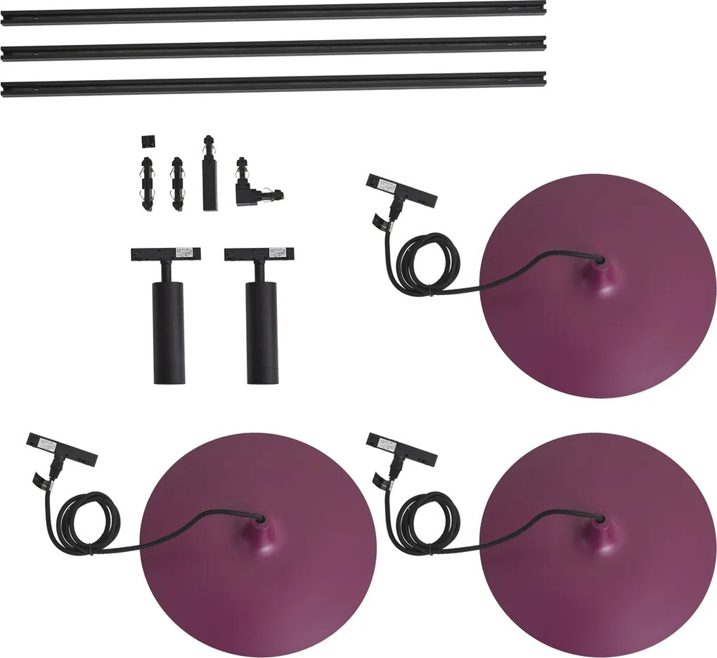 Sistema di illuminazione a binario moderno nero con 2 faretti e 3 lampade a sospensione viola monofase - Slimline Uzzy Panzi