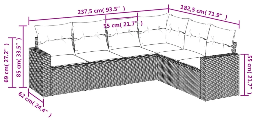 Set divano da giardino 6 pz con cuscini marrone in polyrattan