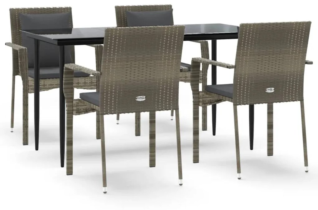Set da pranzo giardino 5pz nero e grigio con cuscini polyrattan