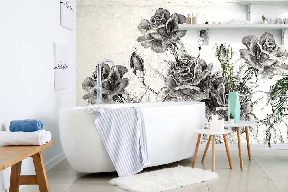 Carta da parati – Bouquet vintage di rose in bianco e nero