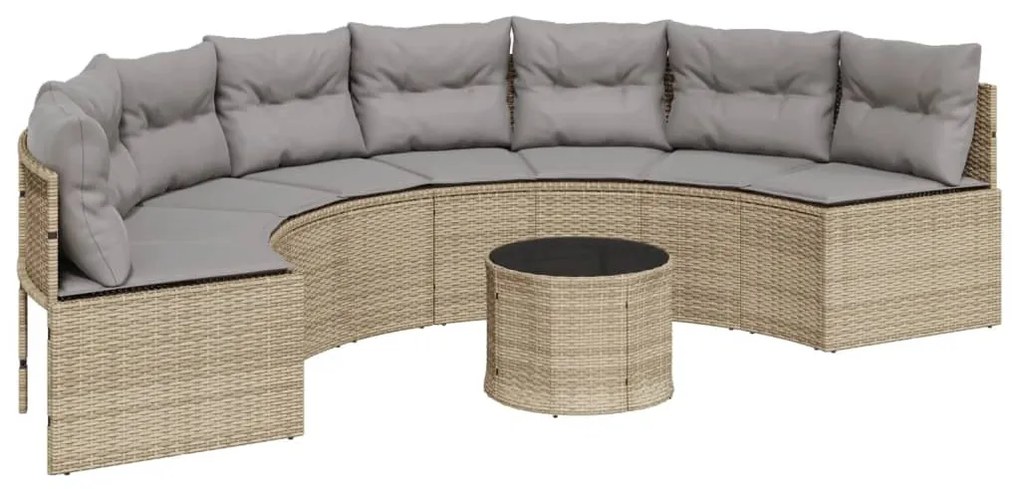 Divano giardino tavolo e cuscini semicircolare beige polyrattan