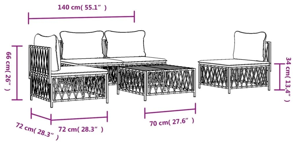 Set Salotto da Giardino 5 pz con Cuscini in Acciaio Bianco