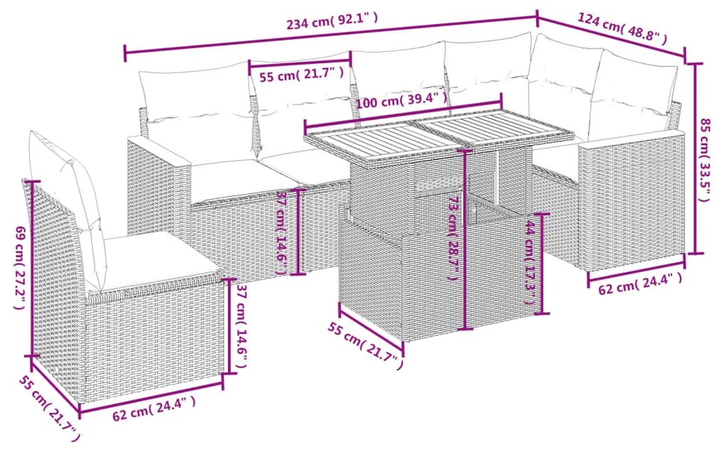 Set divani da giardino 7 pz con cuscini beige in polyrattan