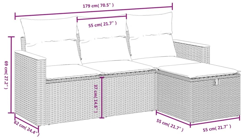 Set divani da giardino 4 pz con cuscini nero in polyrattan