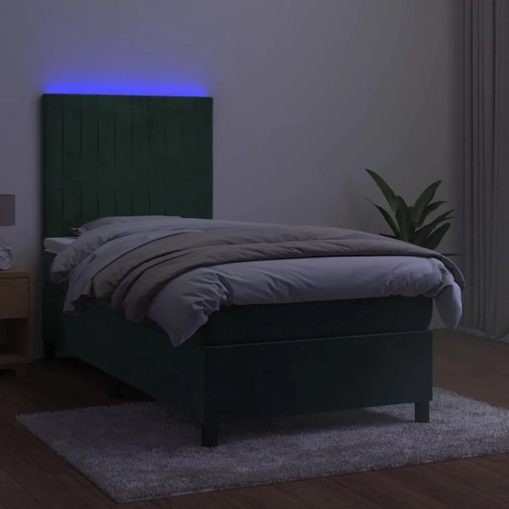 Letto a molle con materasso e led verde scuro 90x200cm velluto