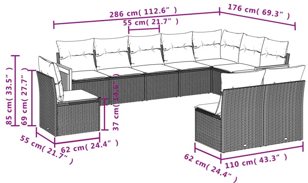 Set Divani da Giardino 10pz con Cuscini in Polyrattan Nero