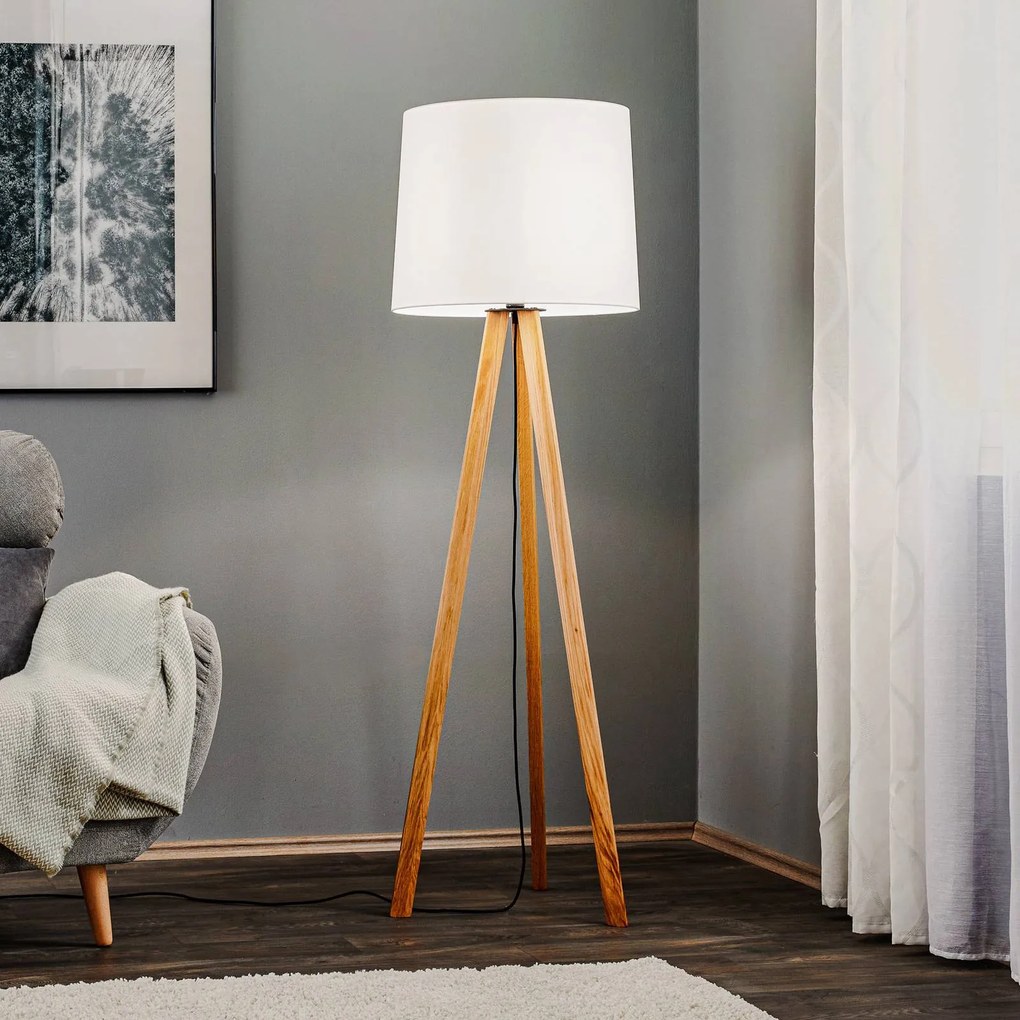 Lampada da terra Quitani Alos, rovere, bianco chintz, treppiede