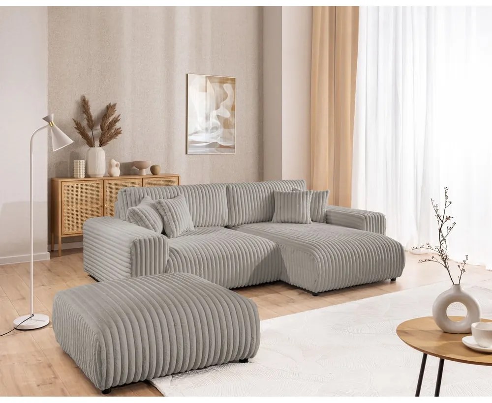 Divano angolare con penisola a destra grigio chiaro e rivestimento in velluto a coste allungabile e con contenitore Sarina – Ropez