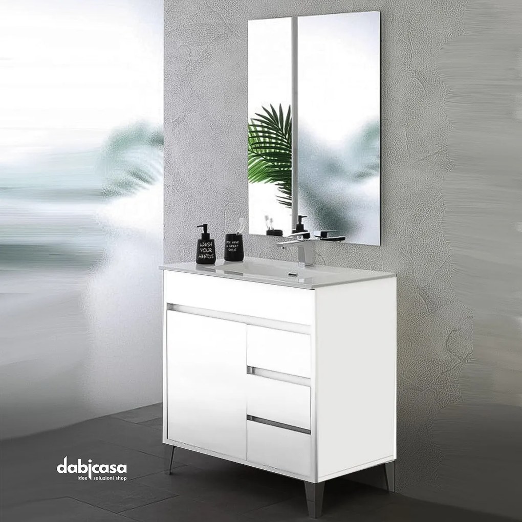 Mobile Bagno Con Piedini "Mondo 2.0" Bianco Da 80cm Un Anta E Tre Cassetti Lavabo E Specchio