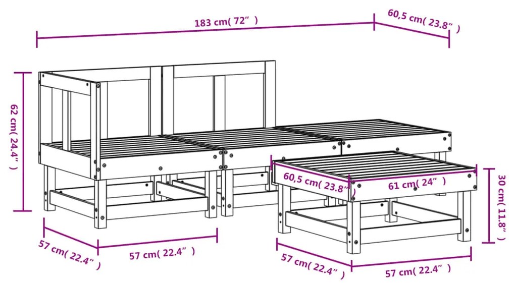 Set Salotto da Giardino 4 pz Grigio in Legno Massello di Pino