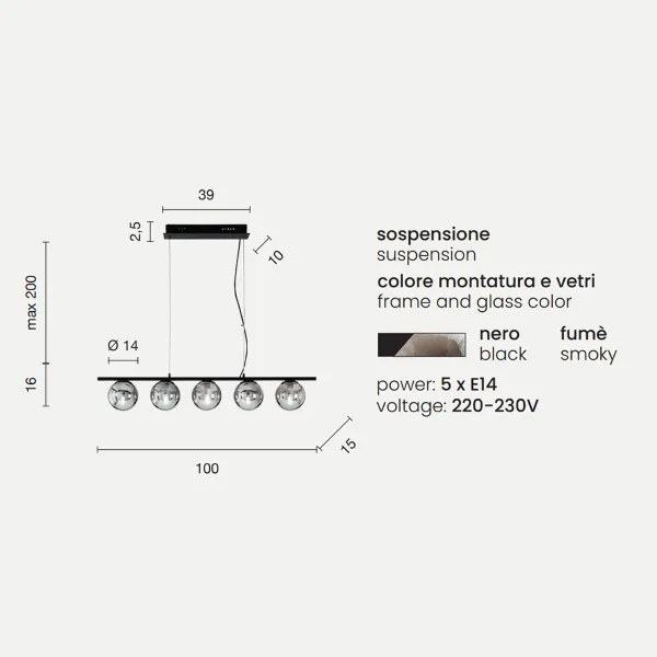 Lampada a sospensione in metallo e vetro soffiato Nero 100 cm a 5 luci MONILE