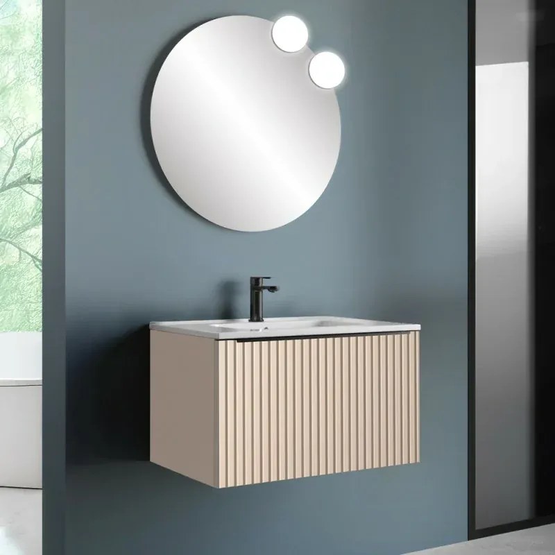 Mobile bagno sospeso 80 cm cappuccino opaco cannettato con cassetto, specchio e lavabo Nara