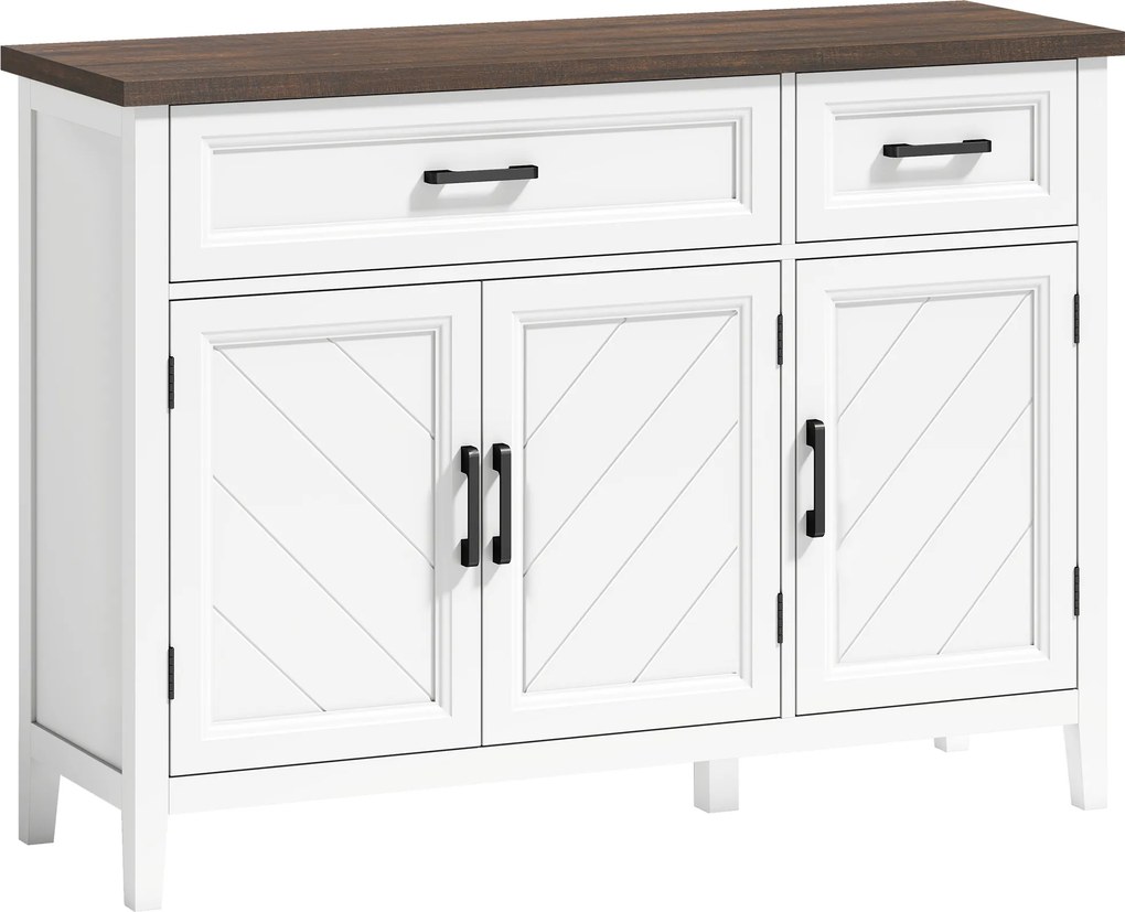 Credenza da Cucina 110x35x80,5 cm con 3 Ante a Fienili 2 Cassetti e 2 Ripiani Regolabili in Legno Bianco...