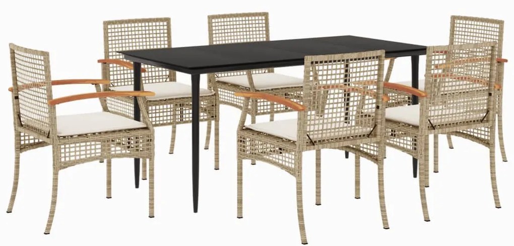 Set da pranzo da giardino 7 pz con cuscini beige in polyrattan