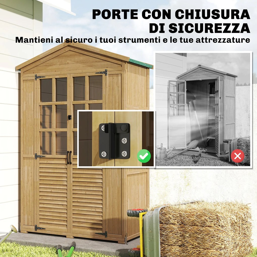 Armadio da Giardino Box Porta Attrezzi 128x57,5x197 cm con Finestre Trasparenti in Legno Marrone Chiaro...