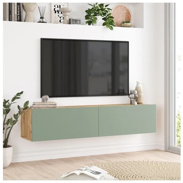 Mobile TV Sospeso 140x32x30 Effetto Legno Rovere E Verde Frame