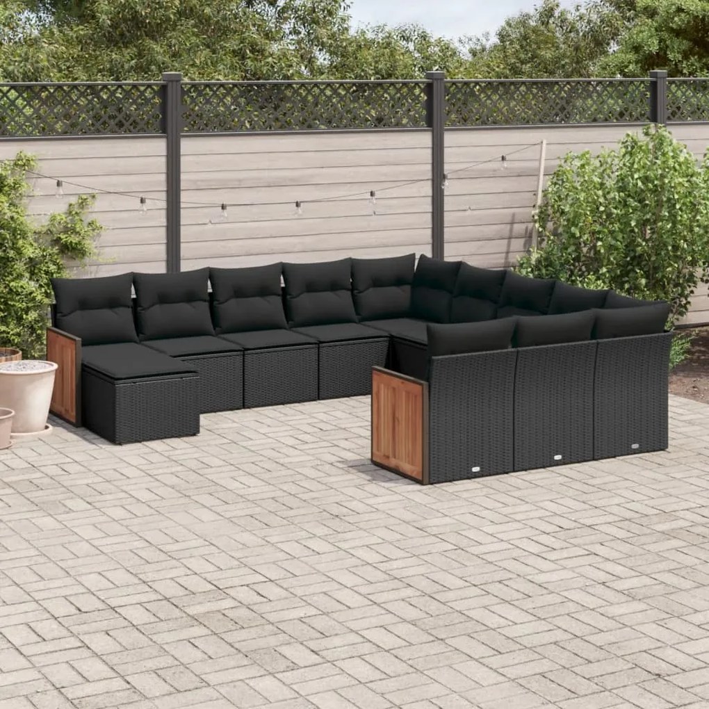 Set Divani da Giardino 12 pz con Cuscini Nero in Polyrattan