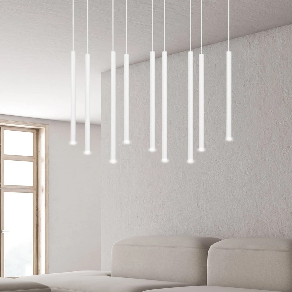 Lampadario 9 Luci Moderno Selter Acciaio Bianco E Paralumi A Cilindri Sottili