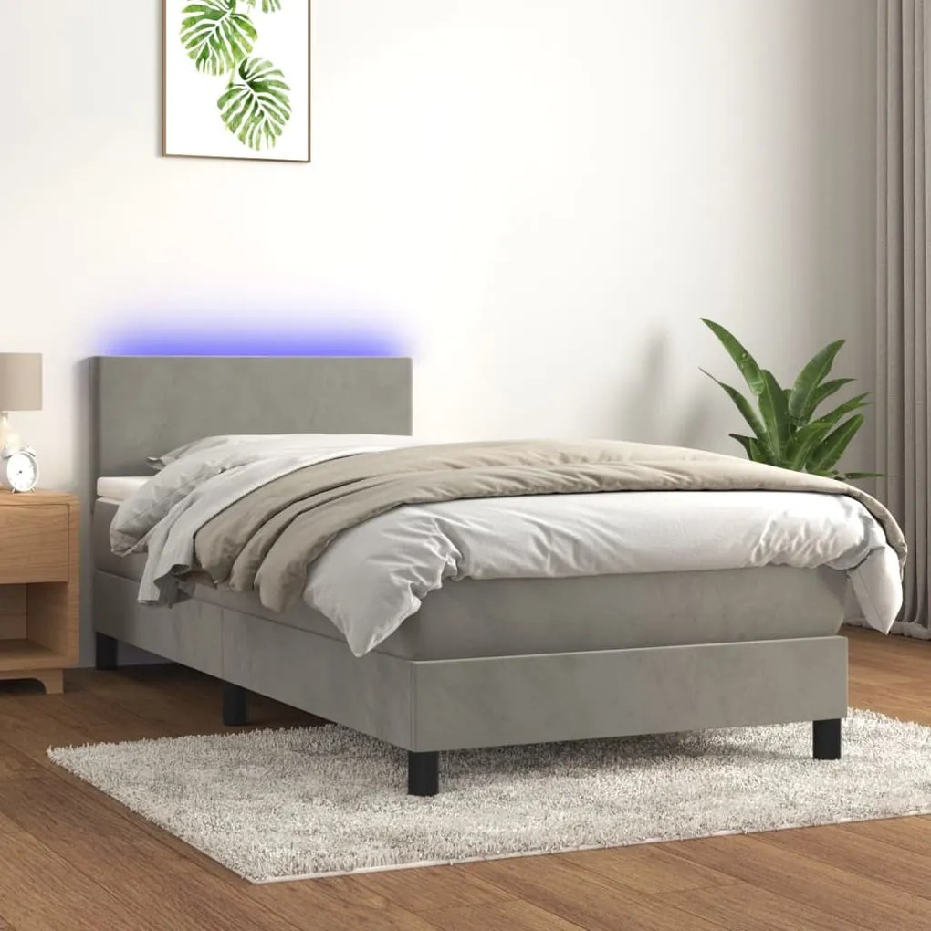 Letto a Molle Materasso e LED Grigio Chiaro 90x200 cm Velluto