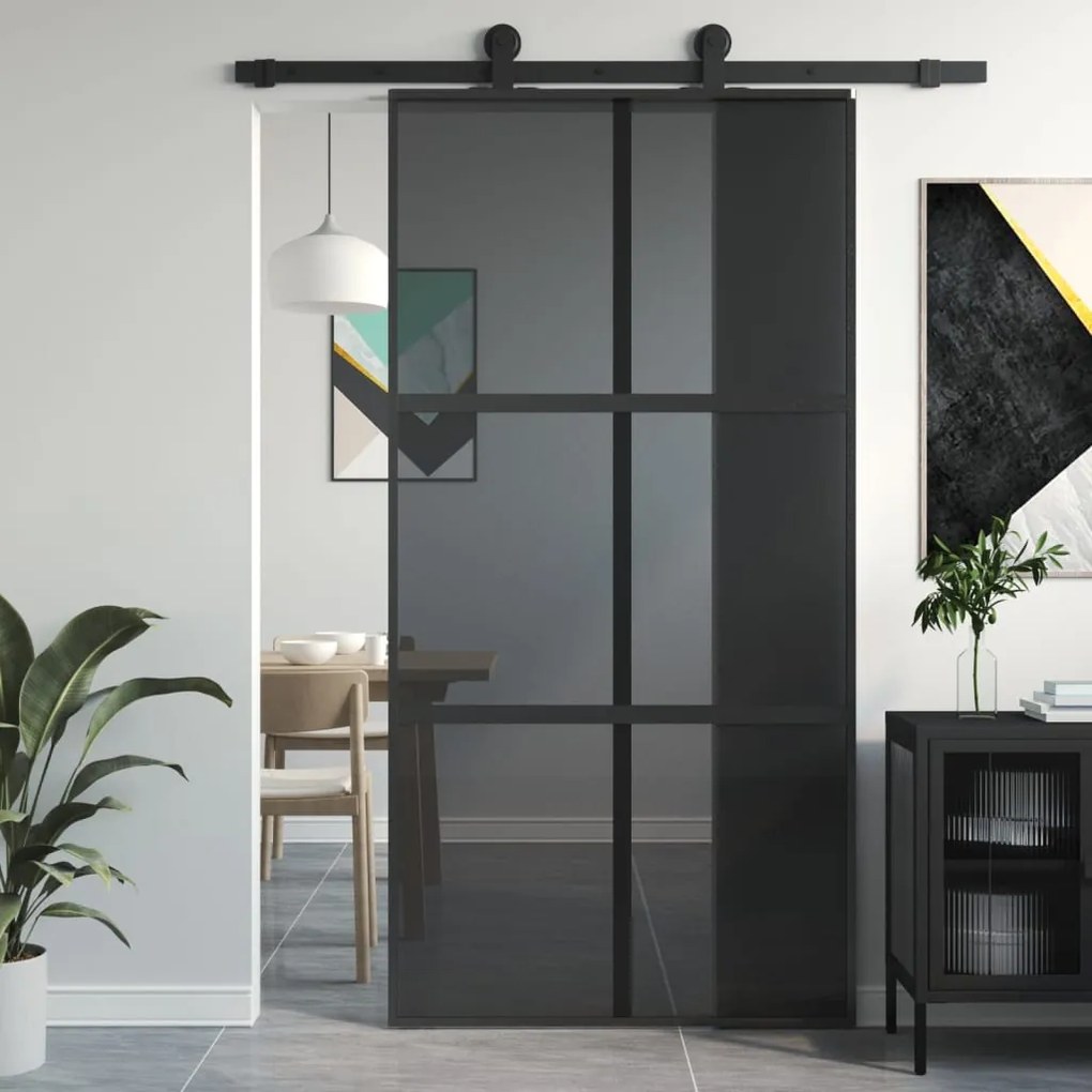 Porta Scorrevole Nera 102,5x205 Cm Vetro Temperato E Alluminio /