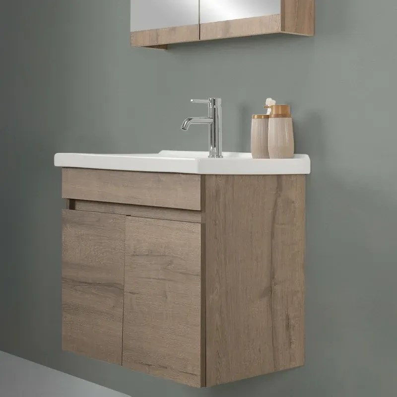 Mobile bagno sospeso 65cm rovere scuro con specchio contenitore Mona