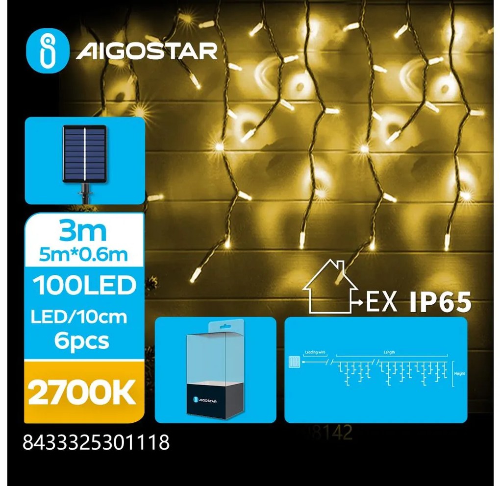 Aigostar - Catena di Natale solare a LED 100xLED/8 funzioni 8x0,6m IP65 bianco caldo
