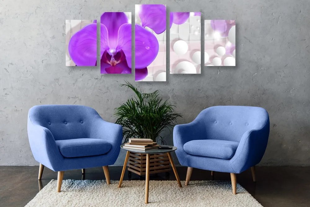 Quadri 5 pezzi – Orchidea su sfondo astratto