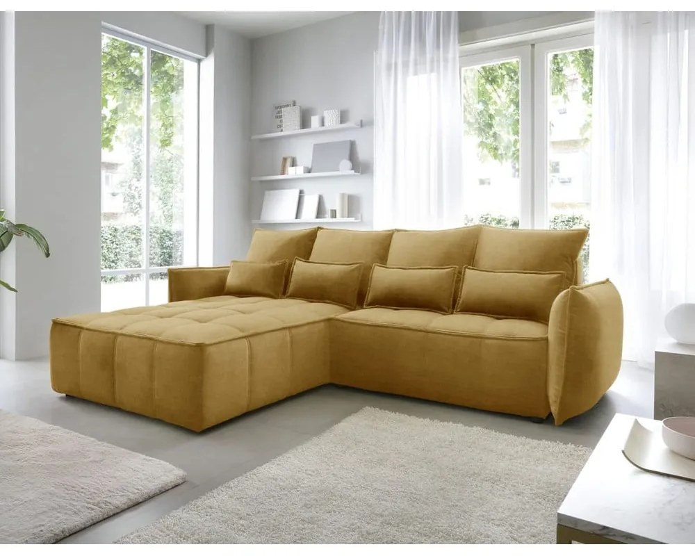 Divano angolare giallo allungabile/con contenitore (con penisola a sinistra/con chaise lounge) e rivestimento in velluto Campo – ELTAP