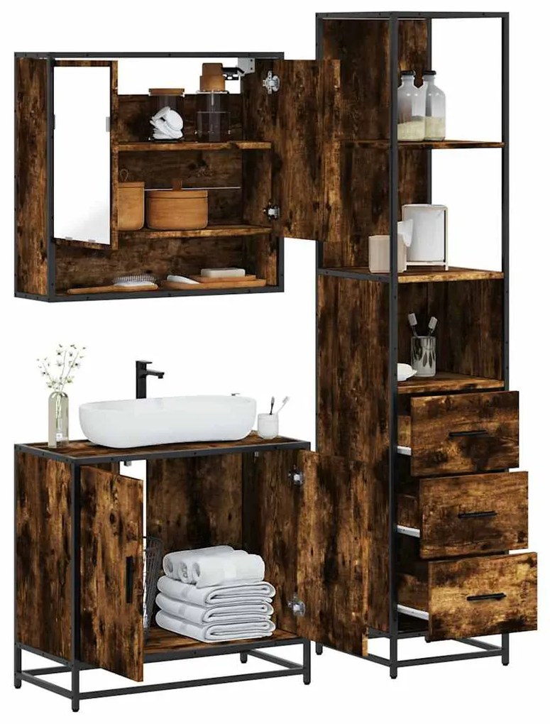 Set Mobili Da Bagno 3 Pz Rovere Fumo İn Legno Multistrato /