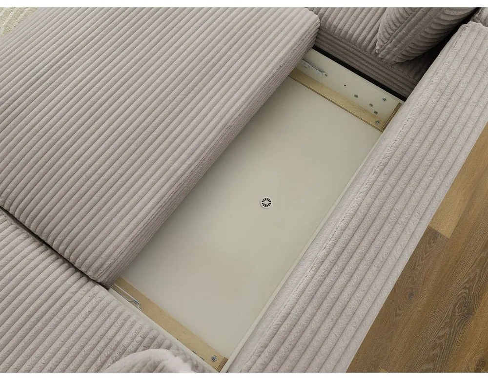 Divano angolare grigio chiaro/beige allungabile/con contenitore (con penisola a sinistra/a U) con rivestimento in velluto a coste Lucien – Bobochic Paris