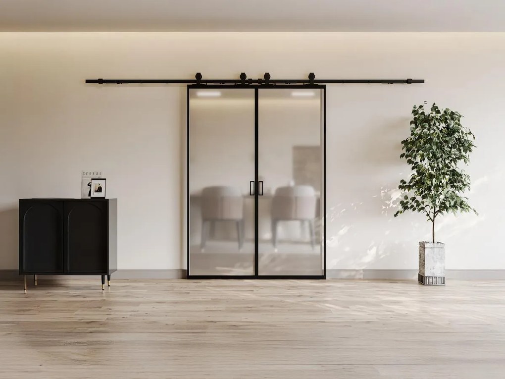 Porta scorrevole doppia con sistema esterno muro 2xH205xL73cm Alluminio e Vetro temperato smerig. - LINCI II