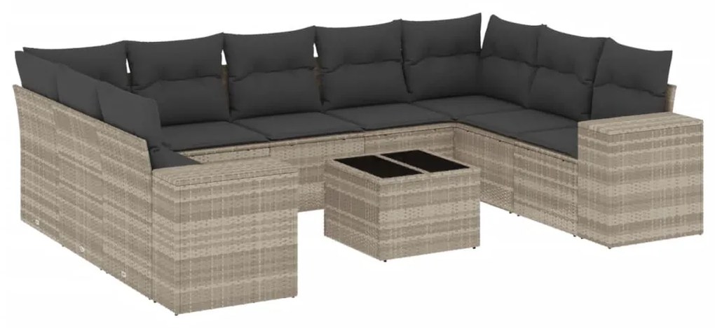 Set divano giardino 10 pz con cuscini grigio chiaro polyrattan