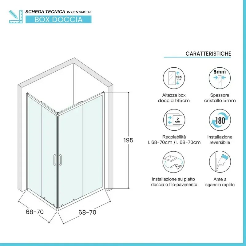 Box doccia angolare 70x70 cm doppio scorrevole vetro stampato Tay
