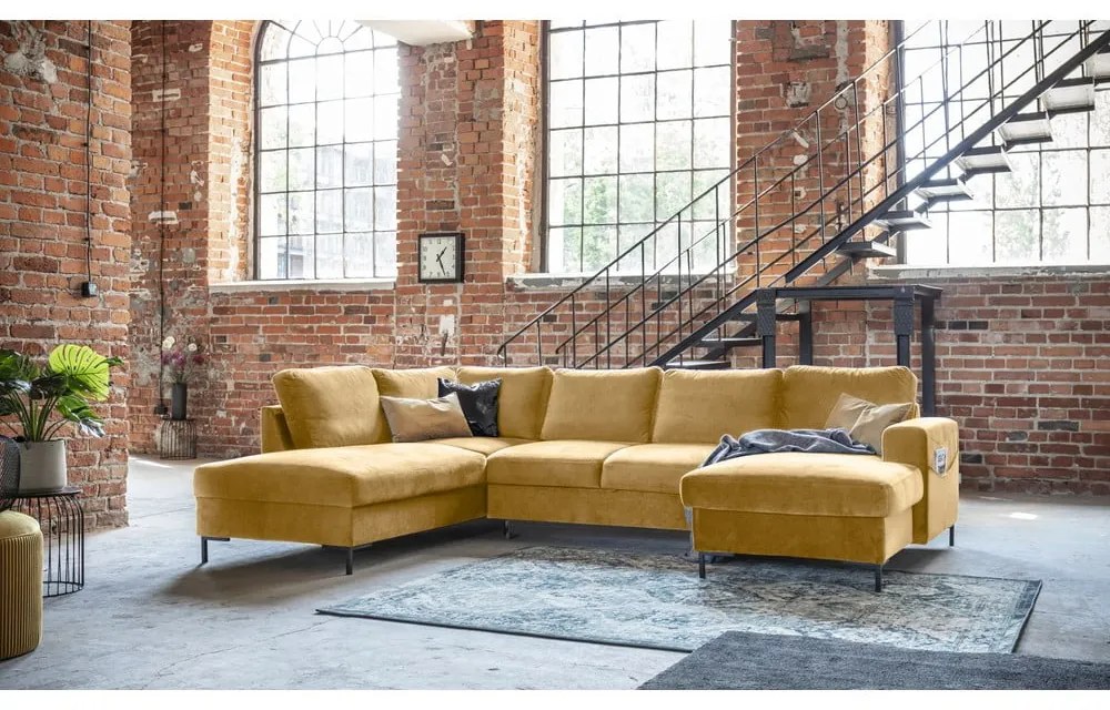 Divano letto a U in velluto giallo senape, angolo sinistro Lofty Lilly - Miuform