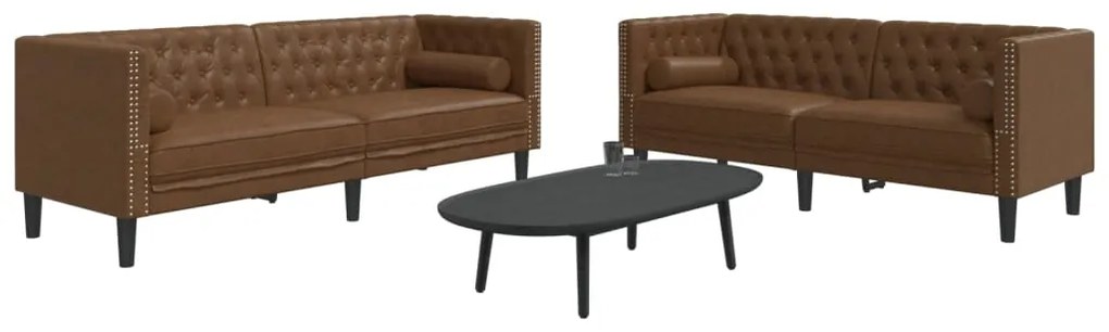 Divani Chesterfield 2pz Cuscini Marrone Similpelle Scamosciata /