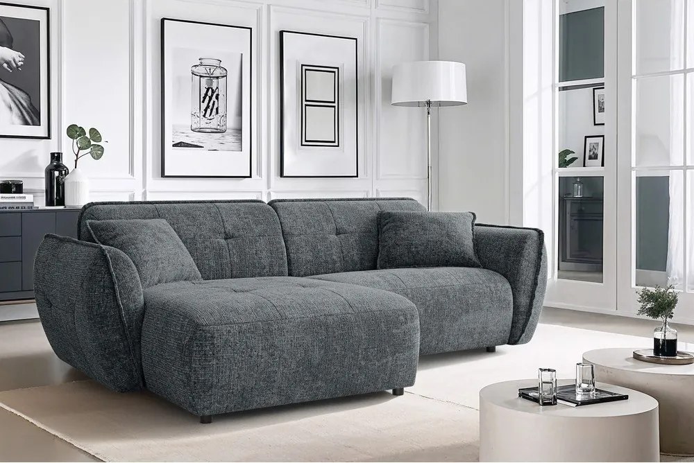 Divano angolare grigio scuro (con penisola a sinistra/con chaise lounge) con rivestimento in ciniglia Nelia – Ropez