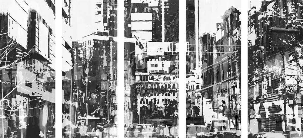Quadri 5 pezzi – Panorami urbani astratti in bianco e nero
