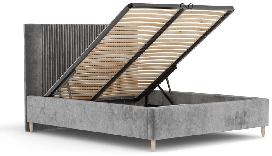 Letto matrimoniale imbottito grigio con contenitore con rete inclusa 140x200 cm Etero – Maison de Rêve