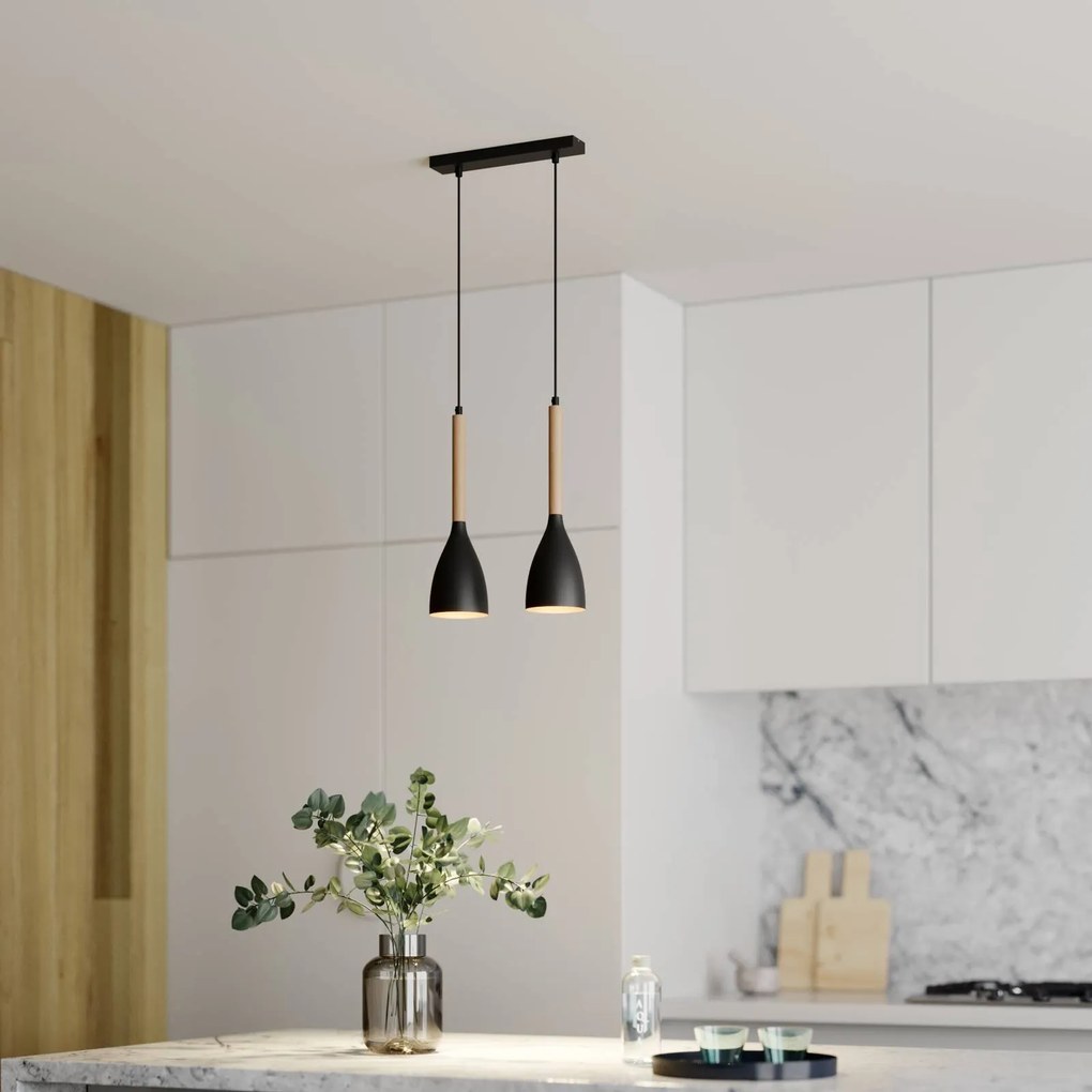 Luminex Lampada a sospensione Muza, 2 luci, nero/legno chiaro